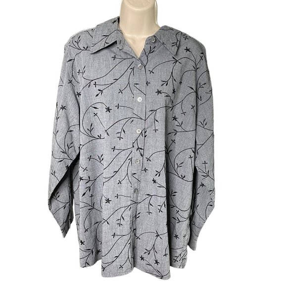 Avenue Womens Button Down Blouse Short Floral Gray Plus Size 18 20 Vintage u - Picture 1 of 5